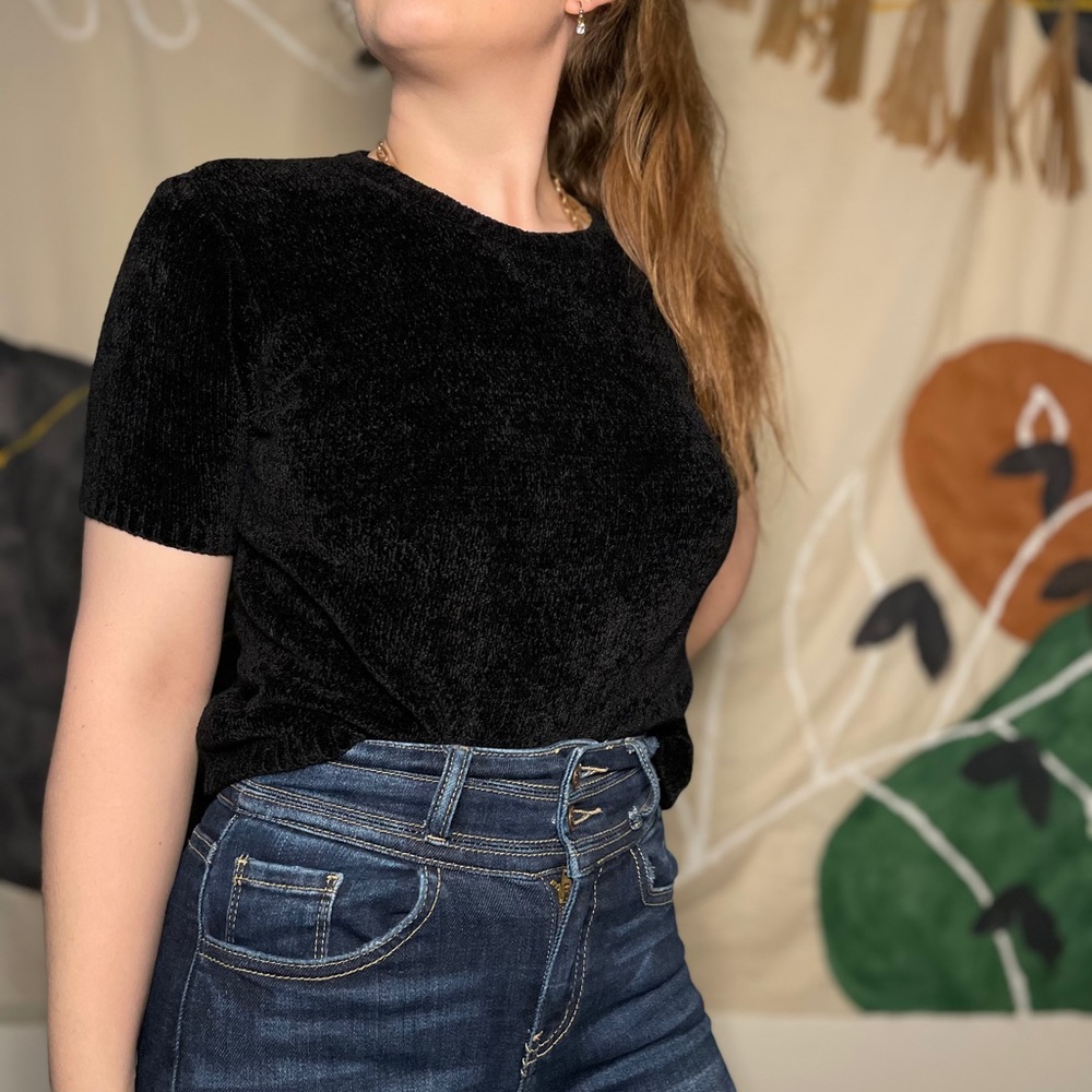 Thrifted Black Velvet Short Sleeved Top